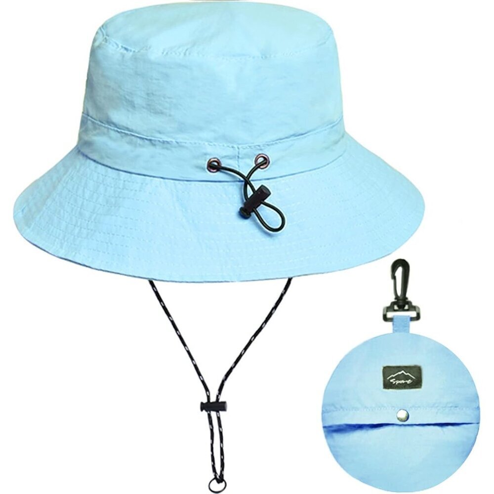 Unisex Blue 100% Nylon Wide Brim Uv Protection Chin Strap Packable Bucket Hat